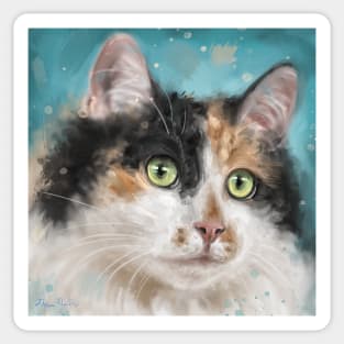 Painting of an Adorable Calico Tri-Color Cat with Gorgeous Green Eyes Sticker